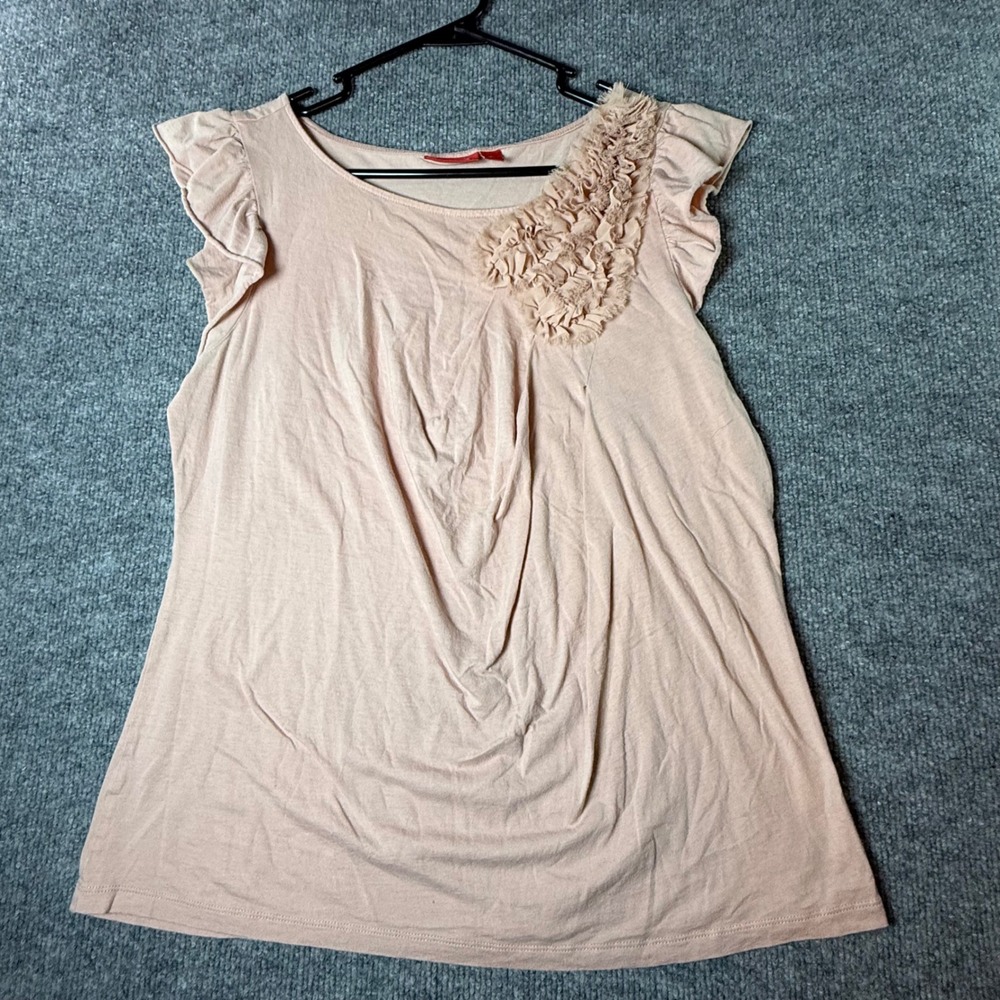 ELLE Womens Blush Pink Pima Cotton Modal Ruffle Sleeve Rosette Top Large